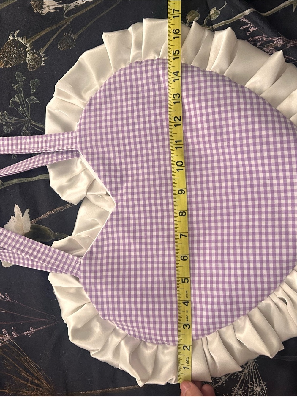 Handmade Lavender Gingham Heart Tote with Satin Cream Ruffle - Picture 3 of 6